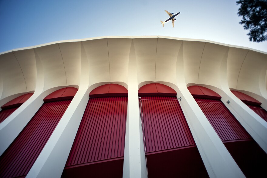 The exterior of The Forum was repainted from blue to it's original color, "California Sunset Red."