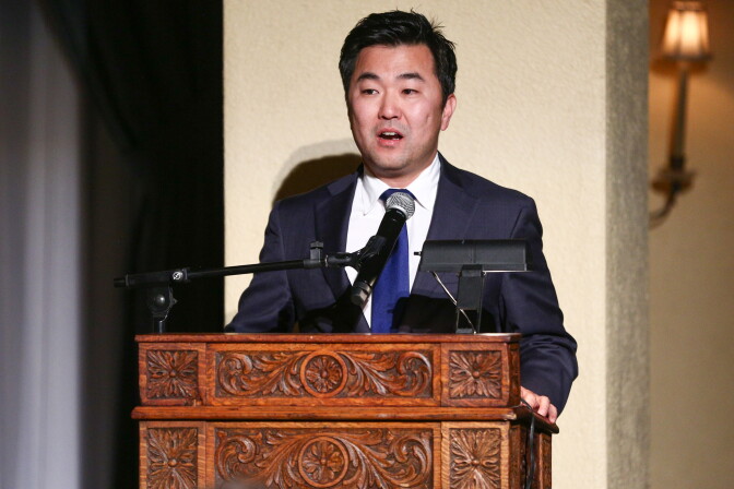 LOS ANGELES, CA - FEBRUARY 27:  Councilmember David Ryu speaks onstage during the Stories From The Front Line charity program at the Ebell of Los Angeles on February 27, 2018 in Los Angeles, California.  (Photo by Rich Fury/Getty Images)