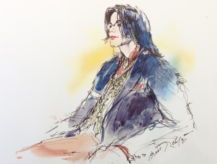 An illustration by Bill Robles of Michael Jackson on trial in 2005 for child molestation and related charges.