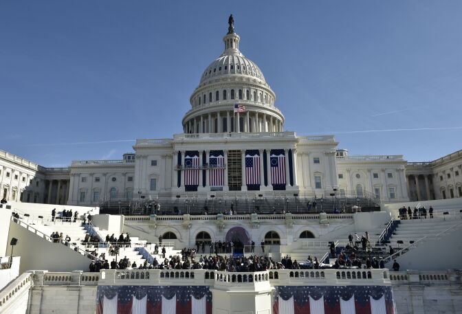TOPSHOT - A general view shows the West side of the US Capitol during a rehearsal for the inauguration of US President-elect Donald Trump on January 15, 2017 in Washington, DC. / AFP / MANDEL NGAN        (Photo credit should read MANDEL NGAN/AFP/Getty Images)