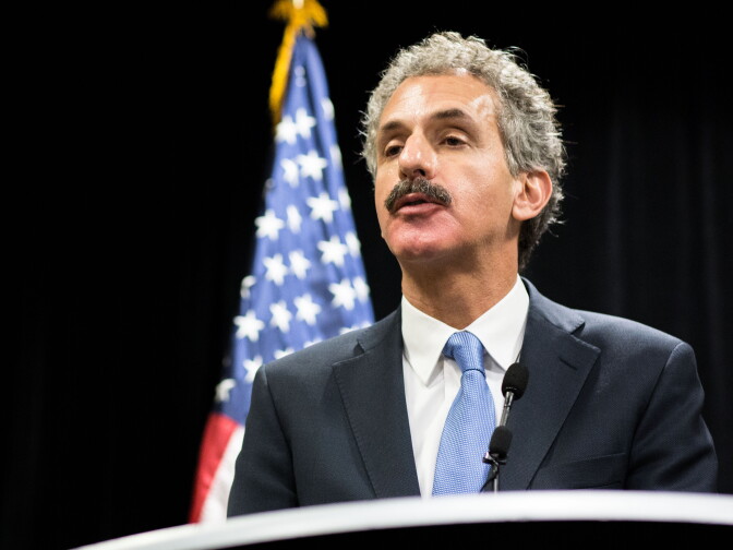File: Los Angeles City Attorney Mike Feuer speaks to the press during the inaugural National Prosecutorial Summit on Tuesday, Oct. 21, 2014.
