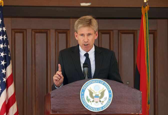 U.S. ambassador to Libya Chris Stevens gives a speech on Aug. 26, 2012 at the U.S. embassy in Tripoli.