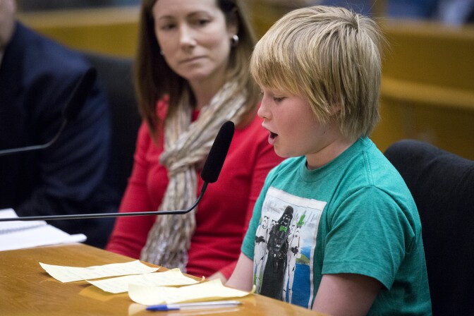 Cameron Michaels, 11, of Porter Ranch addresses the board on a gas leak in his neighborhood during a regular Los Angeles County Board of Supervisors meeting on Tuesday, Nov. 24, 2015. Michaels, who is a fifth grader at Castlebay Lane Elementary School, says he has headaches and nosebleeds.