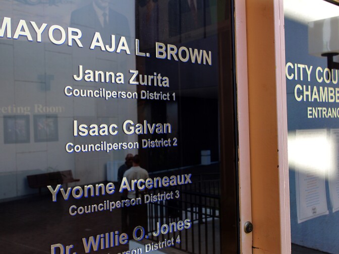 Outside the Compton City Council chambers 