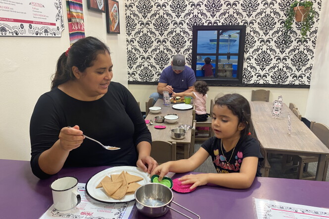 A woman with brown skin and dark hair in a ponytail sits behind a counter in front of an empty coffee cup and plate full of fake tortilla chips made out of cloth. A little girl with the same color skin and hair stands next to her, about to put more fake food onto her plate. 