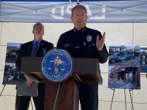 LAPD Chief Michel Moore addresses a press conference on Monday, July 19. He outlined preliminary findings of a federal investigation into what caused the botched fireworks detonation in South LA in June. 