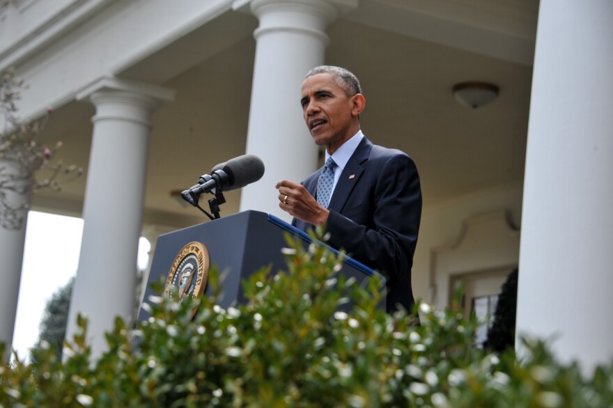 US President Barack Obama gestures while making a statement at the White House in Washington, DC, on April 2, 2015 after a deal was reached on Iran's nuclear program. Iran and world powers agreed on the framework of a potentially historic deal aimed at curbing Tehran's nuclear drive after marathon talks in Switzerland.AFP PHOTO/NICHOLAS KAMM        (Photo credit should read NICHOLAS KAMM/AFP/Getty Images)