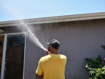 A man in a yellow T-shirt and dark gray ball cap sprays at hose toward a house.