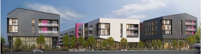 An artist's rendering of part of the Avenue 34 development in Lincoln Heights shows three buildings -- the two on the outside are gray -- the one on the left has three stories and the one on the far right has four stories -- and the three-story one in the middle is white. There is room to walk between the buildings. The buildings stretch out into the distance. The bottom floors have high wrap-around windows. The upper floors have windows for apartments. There are nearly 20 trees on the street in front of the buildings.