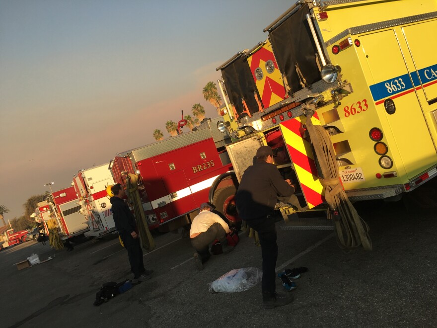 Fire crews at the Ventura County Fairgrounds prepare to fight the Thomas Fire on Dec. 7, 2017.