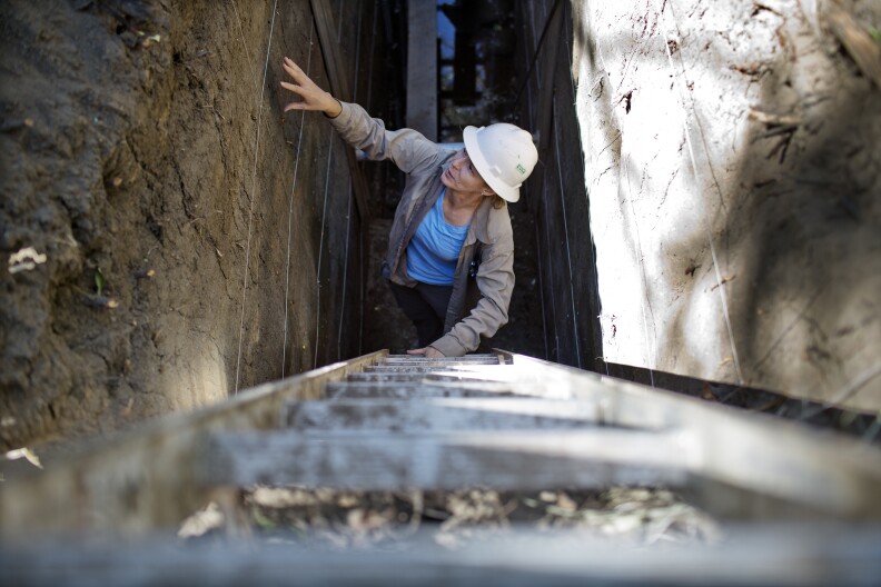 Dr. Kate Scharer of the U.S. Geological Survey presents her findings on Thursday morning, June 12. The trenches tell the geological history of the area as far back as 1400 A.D.