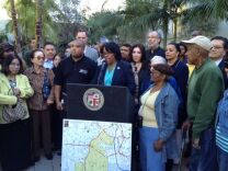 Councilwoman Jan Perry surrounded by more than 40 of her constituents expressed their disapproval towards the recently released redistricting map.