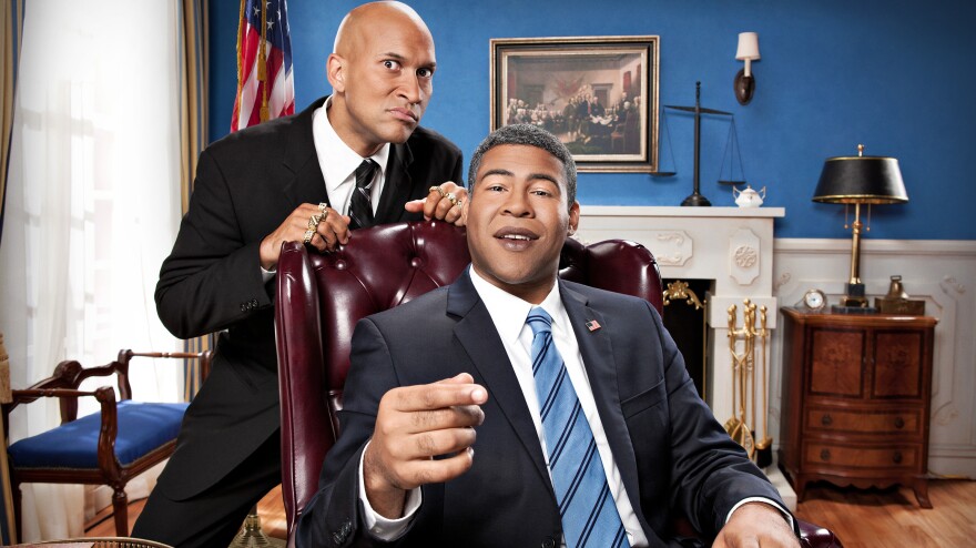 Keegan-Michael Key and Jordan Peele cooperate to impersonate President Obama in Comedy Central's <em>Key and Peele</em>.