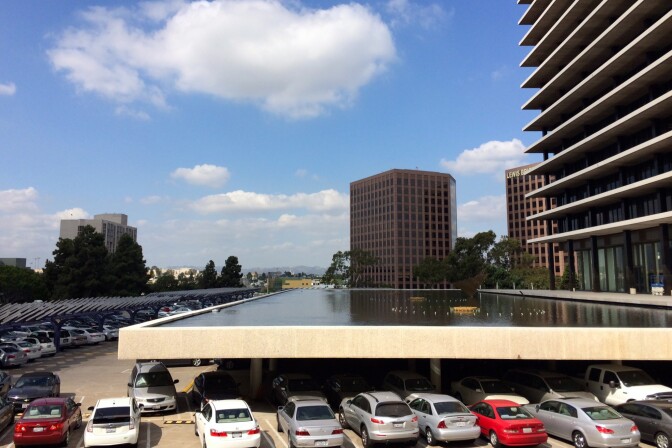 The Reflecting Pool surrounds Los Angeles Department of Water and Power's headquarters in Downtown Los Angeles