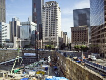Work continues after the world record 18-hour concrete pour finishes on Sunday, Feb. 16 at the site of the future Wilshire Grand tower.