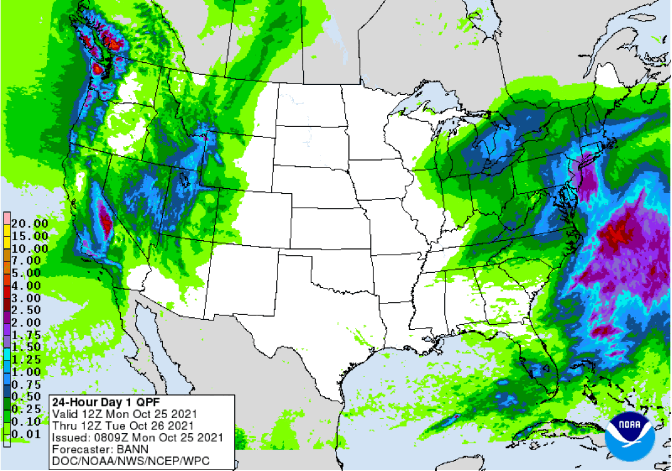 A topographical map of the U.S. shows the West Coast in shades of green, blues, purple and red indicating rainfall totals from .01 to 4 inches.