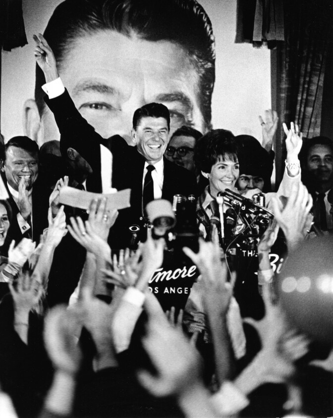 Ronald and Nancy Reagan at the Victory Celebration as Reagan Wins Bid for California Governor, Biltmore Hotel, Los Angeles by unidentified artist, Nov 8, 1966, photographic reproduction.