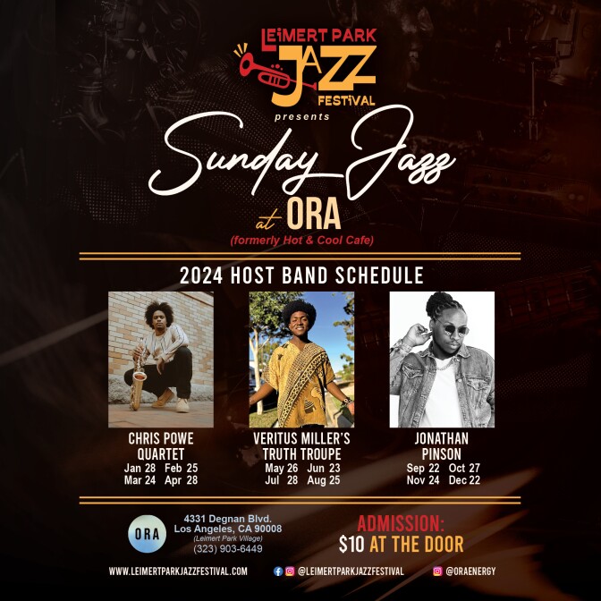 A poster for Sunday Jazz at Ora coffee shop presented by Leimart Park Jazz Festival. From left to right, musical groups Chris Powe Quartet and Veritus Miller's Truth Troupe and artist Jonathan Pinson are featured at the Sunday performance.