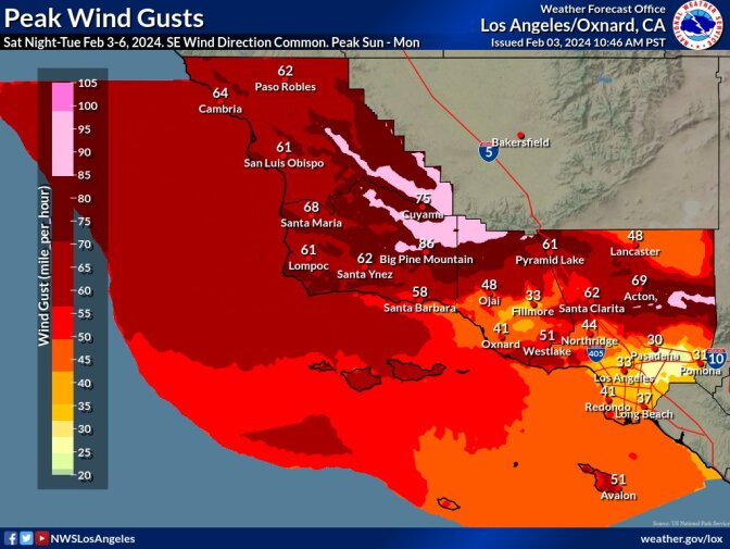 A color-coded chart shows winds in the 50 to 60 mile per hour range will hit throughout Southern California.