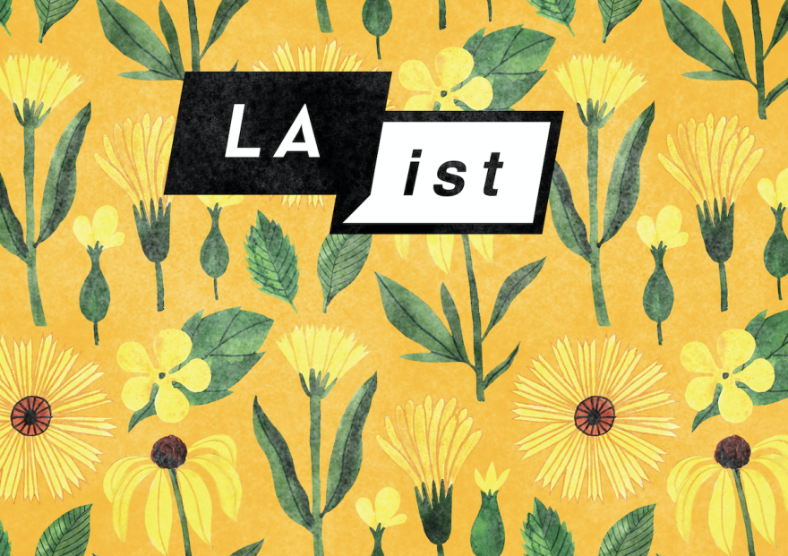 Image shows the LAist logo amid a field of yellow flowers