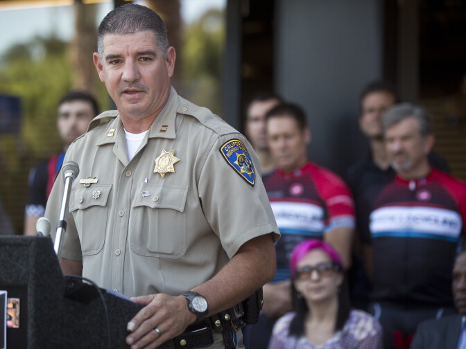 California Highway Patrol West Valley Division Captain Kevin Gordon speaks during a press conference for the Three Feet for Safety Act. Starting September 16, drivers must give cyclists at least three feet of clearance.