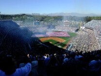 A view of pregame ceremonies prior to the Los Angeles Dodgers playing the San Francisco Giants on Opening Day at Dodger Stadium.