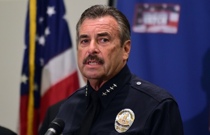 File: LAPD Chief Charlie Beck addresses the media at Police Headquarters in Los Angeles.