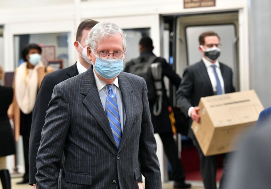 US Senate Minority Leader Senator Mitch McConnell, Republican of Kentucky, arrives before the start of the trial of former US President Donald Trump on Capitol Hill February 9, 2021, in Washington, DC. - The US Senate puts Donald Trump on trial for inciting insurrection Tuesday, charging into unprecedented constitutional territory and laying bare the national trauma inflicted in the former president's attempt to overturn his re-election defeat. (Photo by Nicholas Kamm / AFP) (Photo by NICHOLAS KAMM/AFP via Getty Images)
