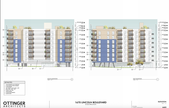 Architectural drawing showing two side views of a proposed eight-story apartment building at 1670 Lincoln Blvd. in Santa Monica. The building has white, beige, and blue exterior walls, rows of balconies on each floor, a glass storefront at street level, and trees and plants on the rooftop deck. Small gray silhouettes of pedestrians stand at street level for scale.