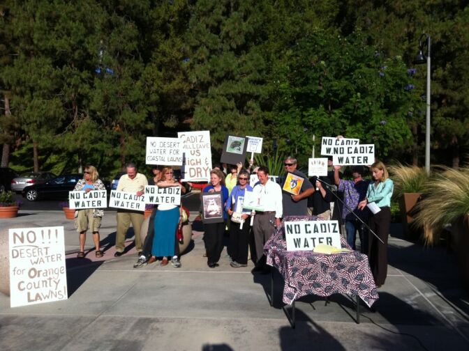 Joshua Tree residents rallied people to a meeting in Mission Viejo to comment on an environmental impact report for the Cadiz company's plans to pump Mojave aquifers. 