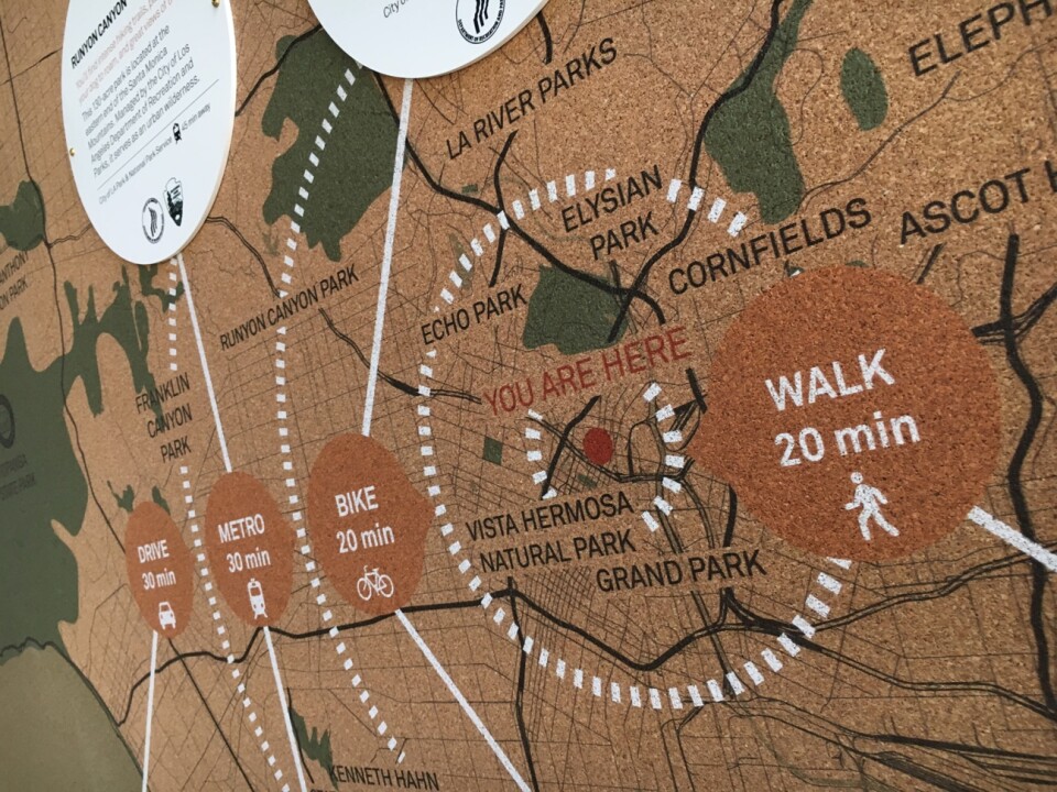 A map at the Gateway to Nature Center shows the distance and commuting time for Angelenos coming from downtown L.A.