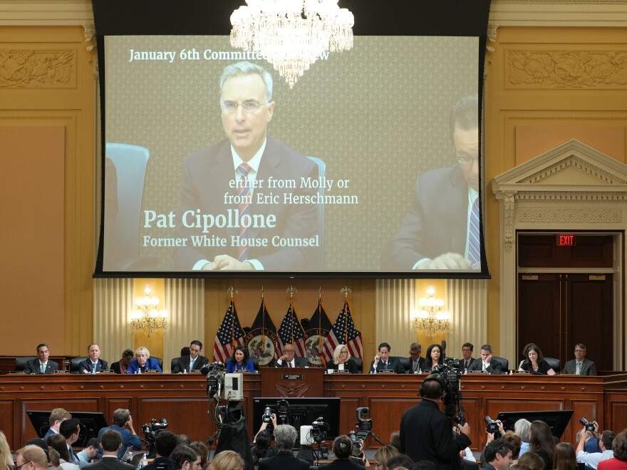 A video of Pat Cipollone, former White House counsel, is shown on a screen during the seventh hearing held by the Select Committee to Investigate the January 6th Attack on the U.S. Capitol.