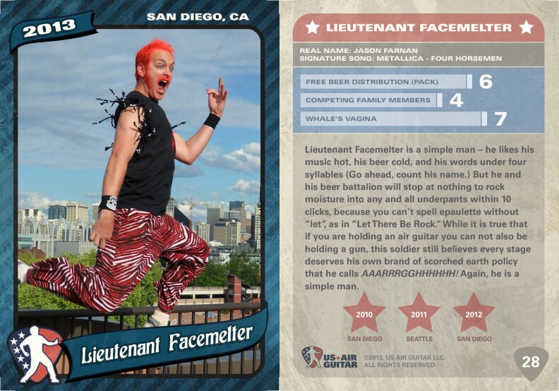 Jason Farnan (aka Lt. Facemelter) is the winner of the 2013 US Air Guitar Championship. 