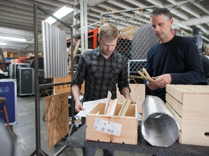 Composer Andrew Norman meets with LA Chamber Orchestra percussionists Wade Culbreath and Ted Atkatz on Friday, Jan 17, 2015 to go over instrumentation for his piece, "Frank's House,"  which is inspired by the works of Frank Gehry. The composition will debut in a performance on Feb. 5, 2015 and will incorporate sounds made from raw materials that Gehry uses in his buildings. 

Photos by Susanica Tam for KPCC

Wade Culbreath, LACO Principal Timpani (black shirt)
Ted Atkatz, percussion (denim shirt)
Andrew Norman, composer (plaid shirt)