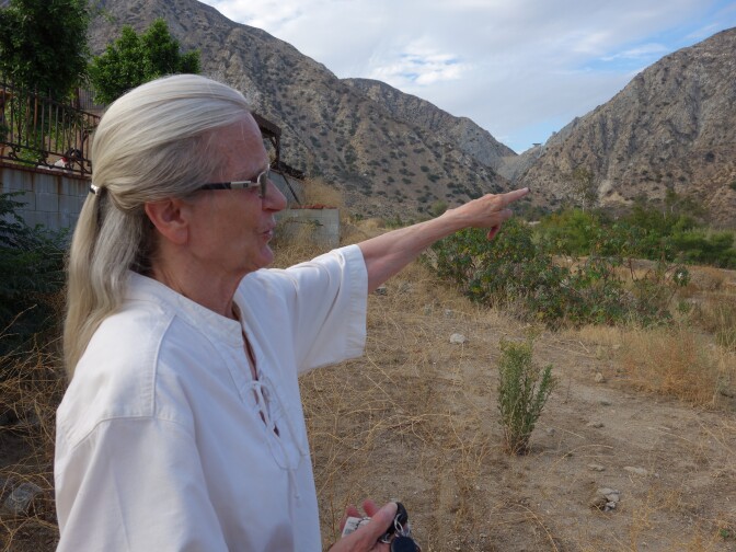 Ann Job, president of the Sylmar Neighborhood Council, points out the Pacoima Dam far in the background. A proposal to clear sediment from the dam would transport it on a conveyor belt down the Pacoima Wash near where she is standing.
