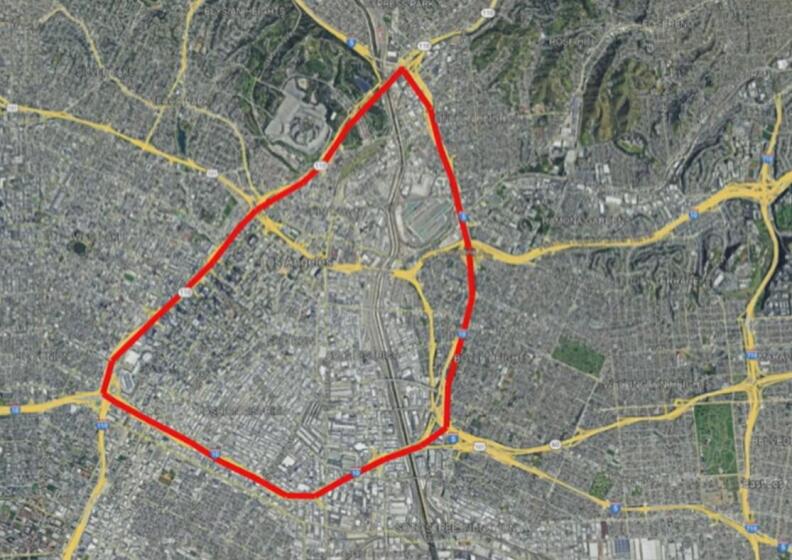 Map shows curfew area that extends east to west from the 5 Freeway to the 110 Freeway; and from north to south from the 10 Freeway to where the 110 and 5 freeways merge.