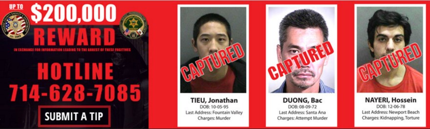 This banner atop the Orange County Sheriff's Department webpage shows the latest iteration of their Internet "wanted" poster, showing that all three escaped inmates are in custody as of Saturday, Jan. 30, 2016. After a week of SWAT raids and a gang dragnet, it was a tip that led San Francisco police to the two remaining fugitives who broke out of a Santa Ana, Calif., jail. A third surrendered Friday. (Orange County Sheriff's Department via AP)