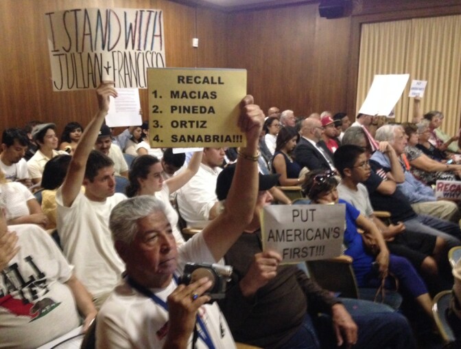 The crowd at Tuesday night's City Council meeting in Huntington Park. Two men without legal immigration status were appointed to city commissions there in early August.