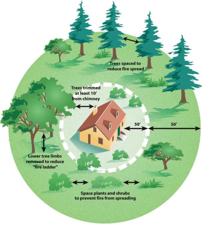 A graphic showing how to maintain defensible space around a home to reduce the threat of wildfire.