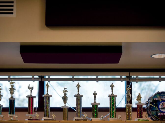 Trophies fill the instrument room at Mark Keppel High School. The capital appreciation bonds for the school were approved by voters in 2004, and issued in 2009.