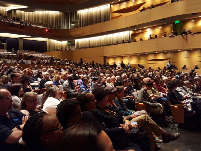 The crowd at the Valley Performing Arts Center, listening to an interview with Bobby and Taylor McFerrin following their concert.
