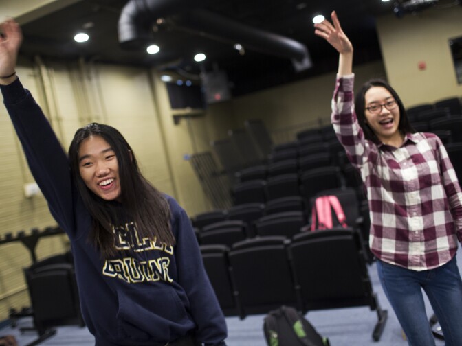 Junior Amber Zhang, left, and Angel Liu take part in a rehearsal of act three of  "The Miser" at Arroyo Pacific Academy in Arcadia on Tuesday afternoon, Nov. 17, 2015. Zhang is an only child and both her parents in China are doctors. She says one of the perks of going to an American school is being in a play, something she wouldn’t get to do in China.
