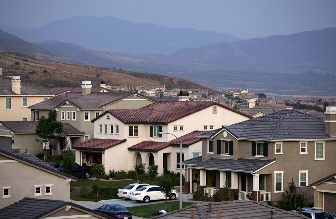 Recently built homes are seen in suburban neighborhoods under construction on top of the San Andreas Rift Zone, the system of depressions in the ground between the parallel faults of the San Andreas earthquake fault, on May 14, 2008 in the community of Highland, east of San Bernardino, California. 