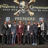 HOLLYWOOD, CA - MAY 18:  (L-R) Producer Jerry Bruckheimer, Director Espen Sandberg, actors Brenton Thwaites, Geoffrey Rush, Johnny Depp, Javier Bardem, Orlando Bloom, Kaya Scodelario and Director Joachim Ronning at the Premiere of Disneys and Jerry Bruckheimer Films Pirates of the Caribbean: Dead Men Tell No Tales, at the Dolby Theatre in Hollywood, CA with Johnny Depp as the one-and-only Captain Jack in a rollicking new tale of the high seas infused with the elements of fantasy, humor and action that have resulted in an international phenomenon for the past 13 years. May 18, 2017 in Hollywood, California.  (Photo by Jesse Grant/Getty Images for Disney)