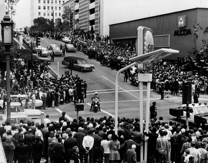 Robert F. Kennedy's hearse leaving Good Samaritan Hospital for the airport on June 6, 1968, as seen from the intersection of Lucas Avenue and Wilshire Boulevard. 