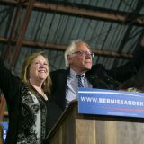 Democratic presidential candidate Sen. Bernie Sanders (R) and his wife Jane Sanders wave to supporters at Barker Hangar on June 7, 2016 in Santa Monica, California. 
