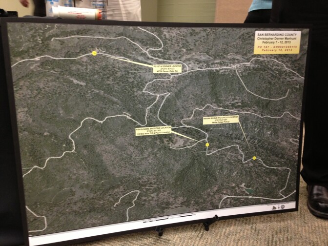 A San Bernardino County Sheriff's Department map showing locations of various incidents in the manhunt for alleged murderer and ex-LAPD officer Christopher Dorner.