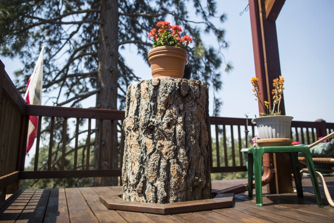 Bear Valley Springs residents Mark Anderson and Jim Tietz designed their deck around a Ponderosa Pine that later died from bark beetles. Anderson transformed the stump into a table.