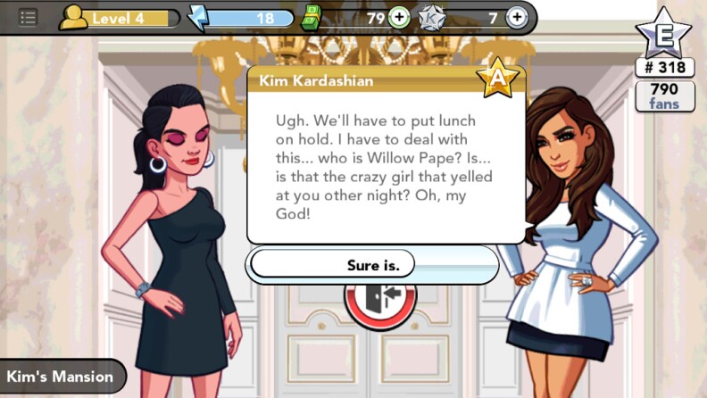My character interacting with Kim in "Kim Kardashian's: Hollywood." It's all about the drama.