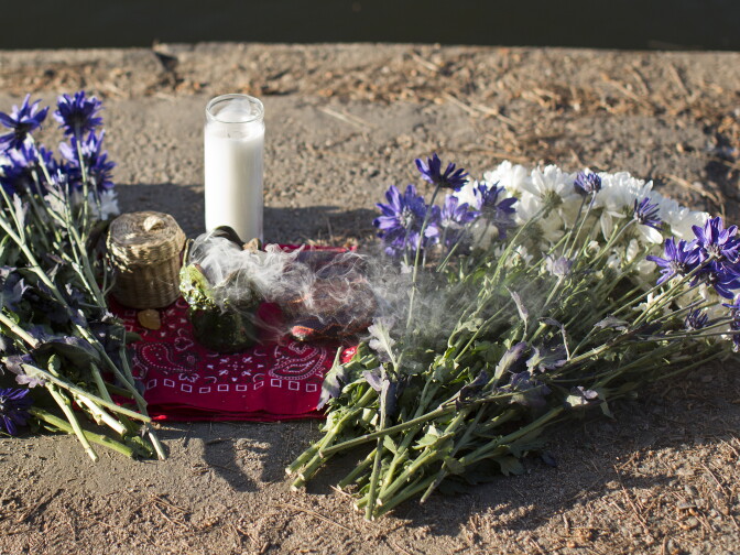 A memorial remembers Lorenza Arellano on Friday, March 13, 2015 at Hollenbeck Park in Boyle Heights. Arellano's body was found in the park one year ago. She was homeless at the time.